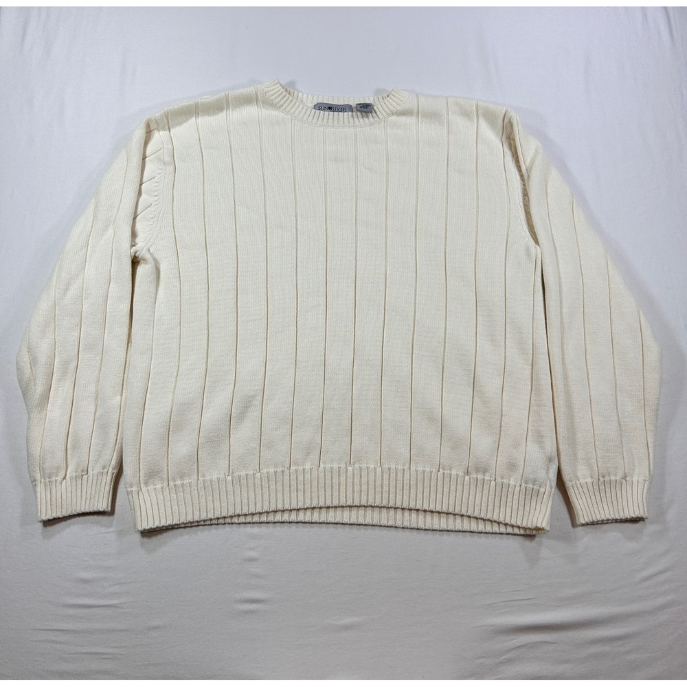 Sun River Clothing Co Mens XL Cream Ribbed Knit 100% Cotton Crew Neck Sweater